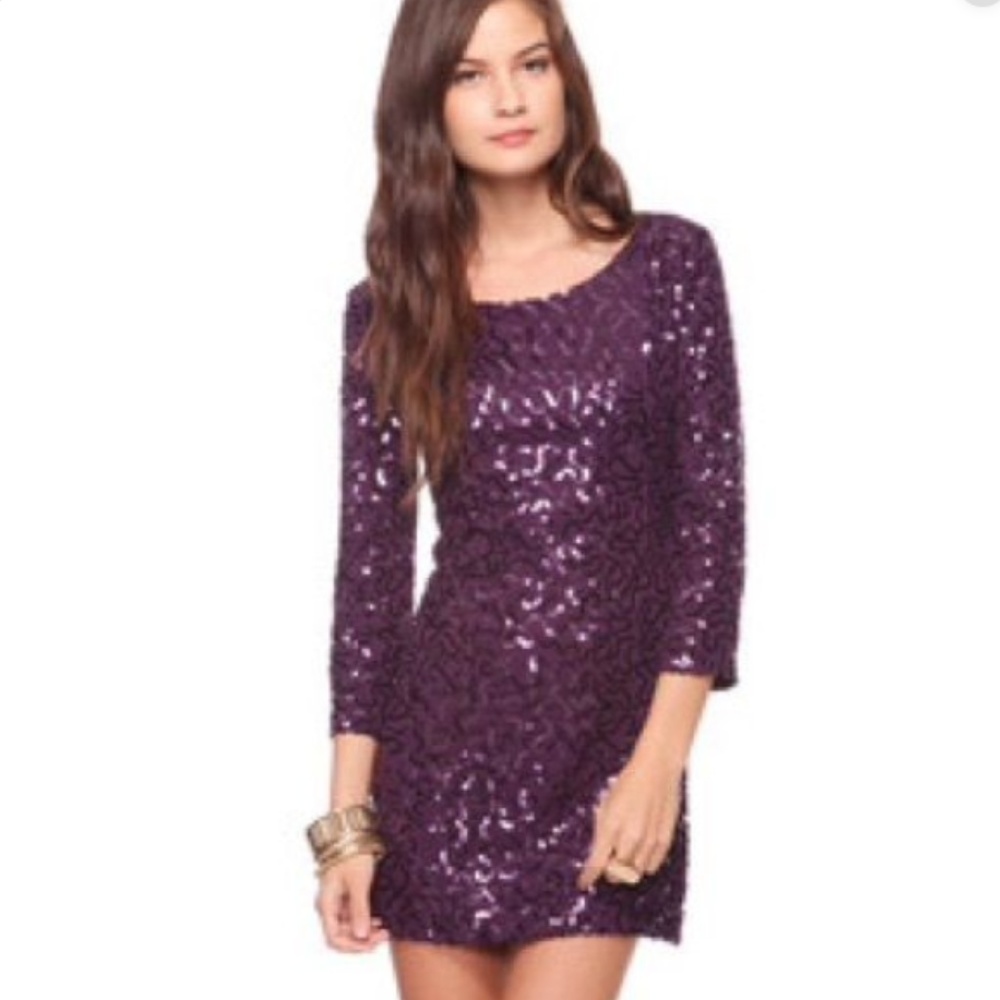 3/4 Sleeve Sequin Mini Party Dress Purple S